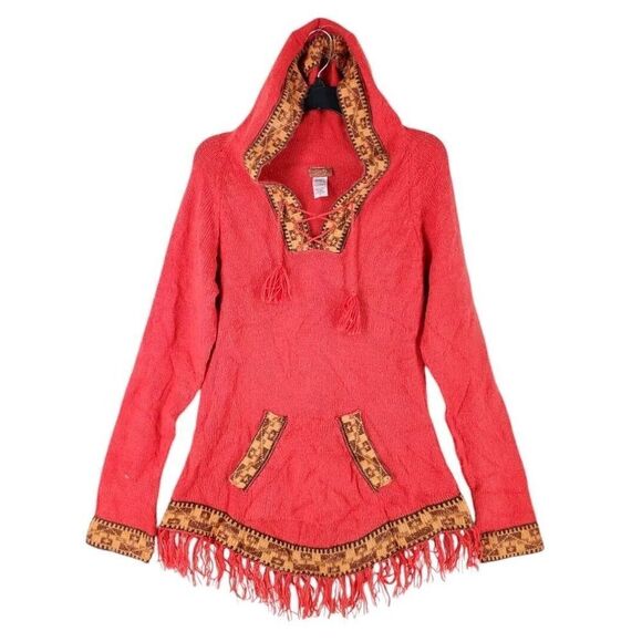 Scully Alpaca Blend Knit Sweater Womens M Orange Brown Hooded Aztec Fringe - Picture 5 of 12